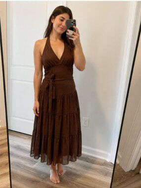 Johnathon Martin Y2K Chocolate Brown Halter Sheer Tiered Maxi Slip Dress Size 6P